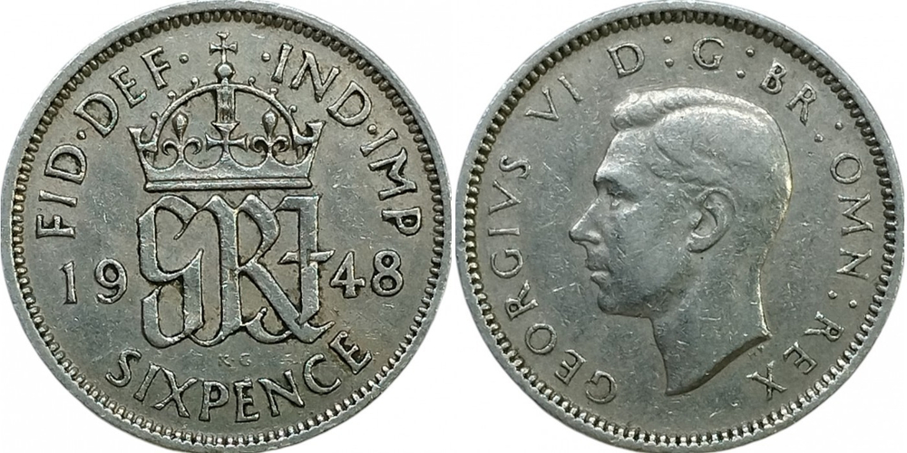 Великобритания 6 пенсов, 1947-1948 Король Георг VI XF