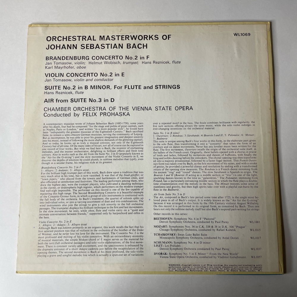 Винтажная виниловая пластинка LP J.S. Bach Бах, Chamber Orchestra Of The Vienna State Opera Conducted By Felix Prohaska, Orchestral Masterworks Of J.S. Bach (Англия 1957)