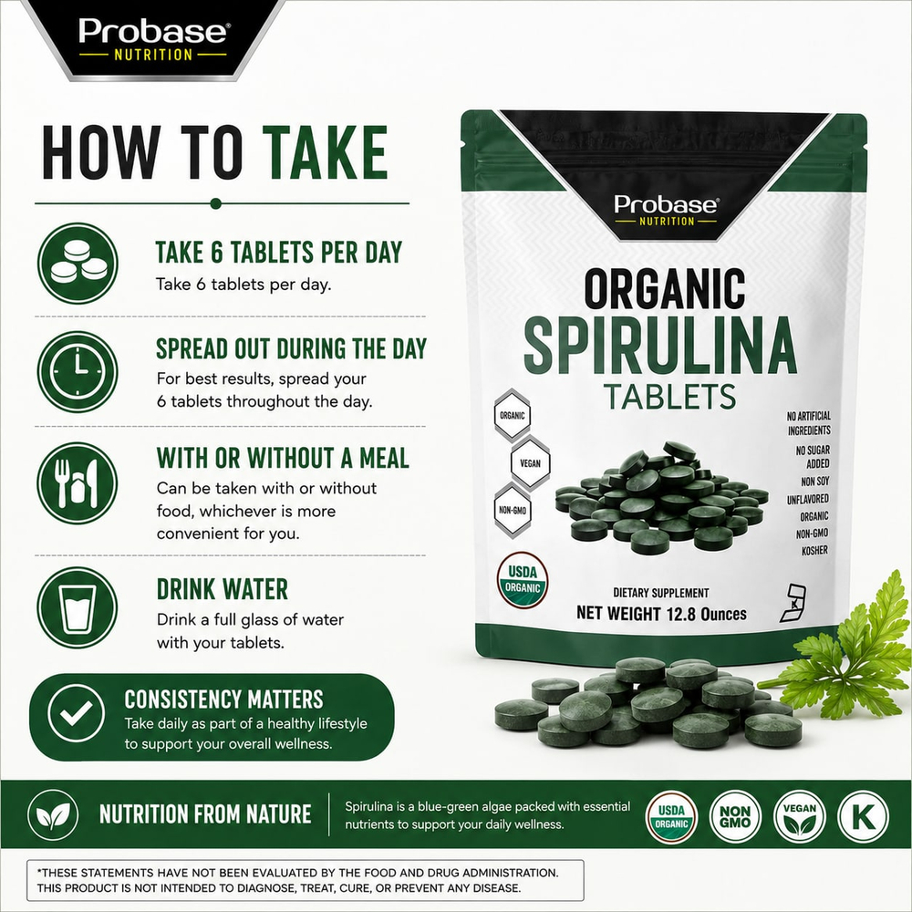 Probase Nutrition, Таблетки из органической спирулины, 12,8 унции