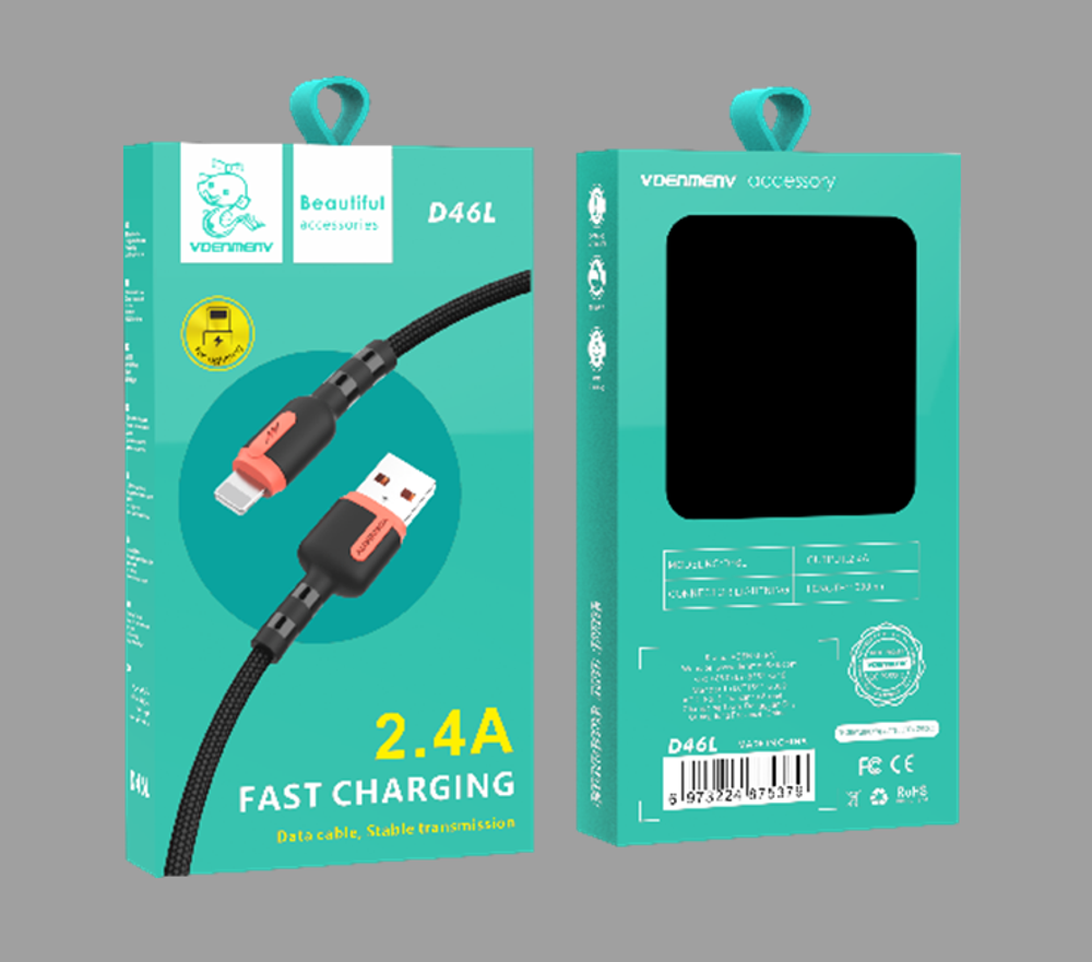 Кабель USB - Lightning DENMEN D46L 2.4A (черный) 1м