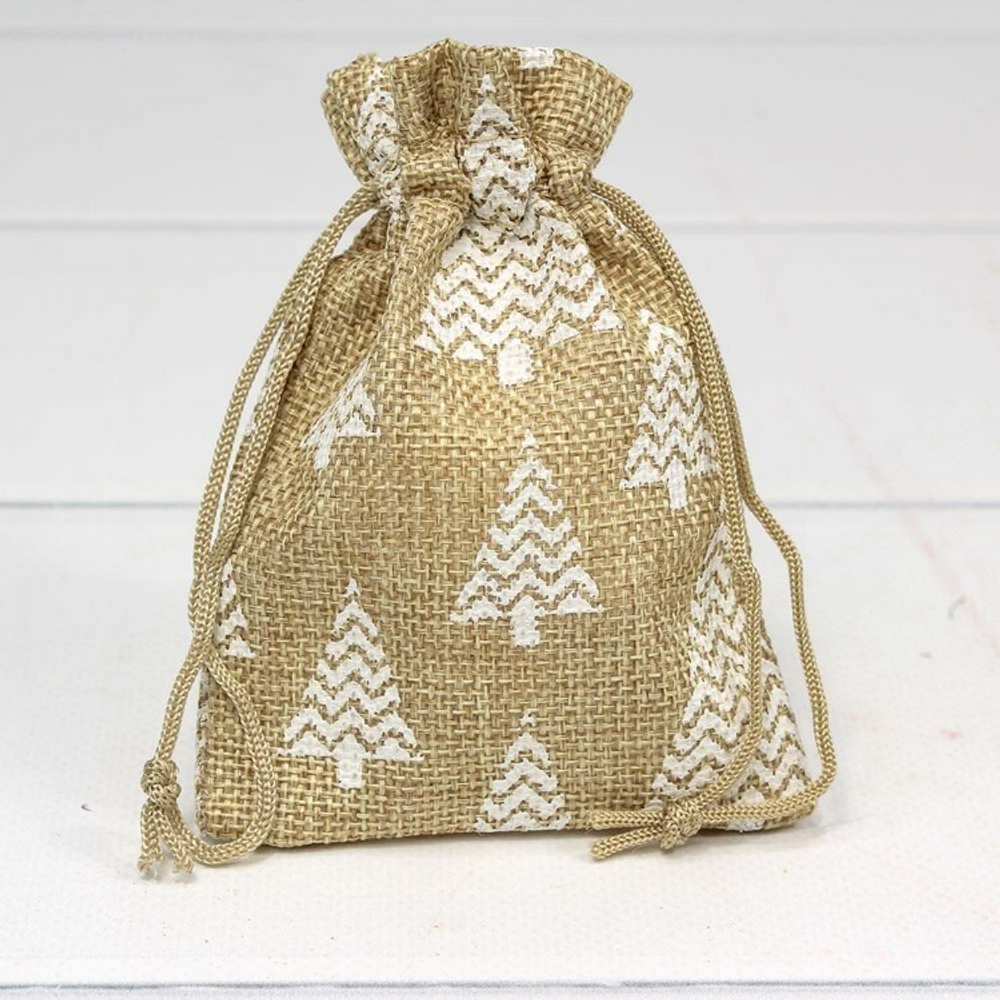 Мешочек 9 х 12 см "Елки" с рисунком искусственный лен (коричневый)