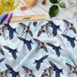 Ткань атлас акварельные ласточки в небе