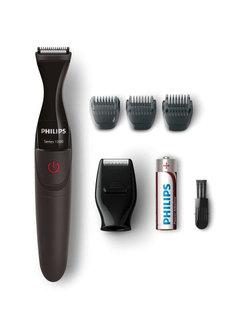 PHILIPS MG1100/16  Компактный триммер для бороды, работа от батареек,3 гребня (1-3-5мм), насадка-бритва, черный.