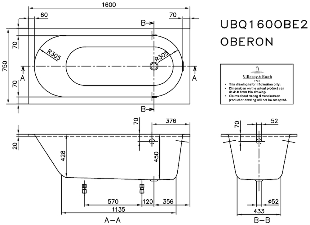 Квариловая ванна Villeroy&Boch Oberon 160x75 UBQ160OBE2V-01 без гидромассажа