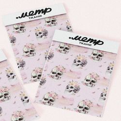 Ткань дюспо черепа в цветах на розовом