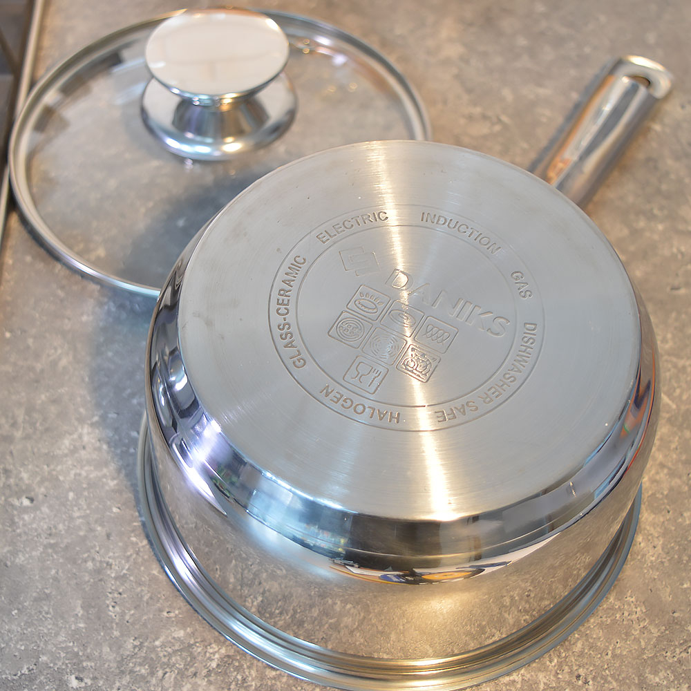 Ковш 1,5л нерж со стеклянной крышкой, с металлической ручкой, индукция, "Daniks" Оптима GS-01201-16S