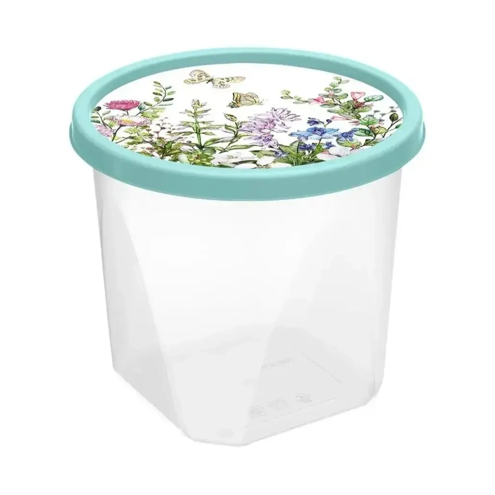 Контейнер для продуктов круглый 1л с декором Цветущий луг, Светло-зеленый