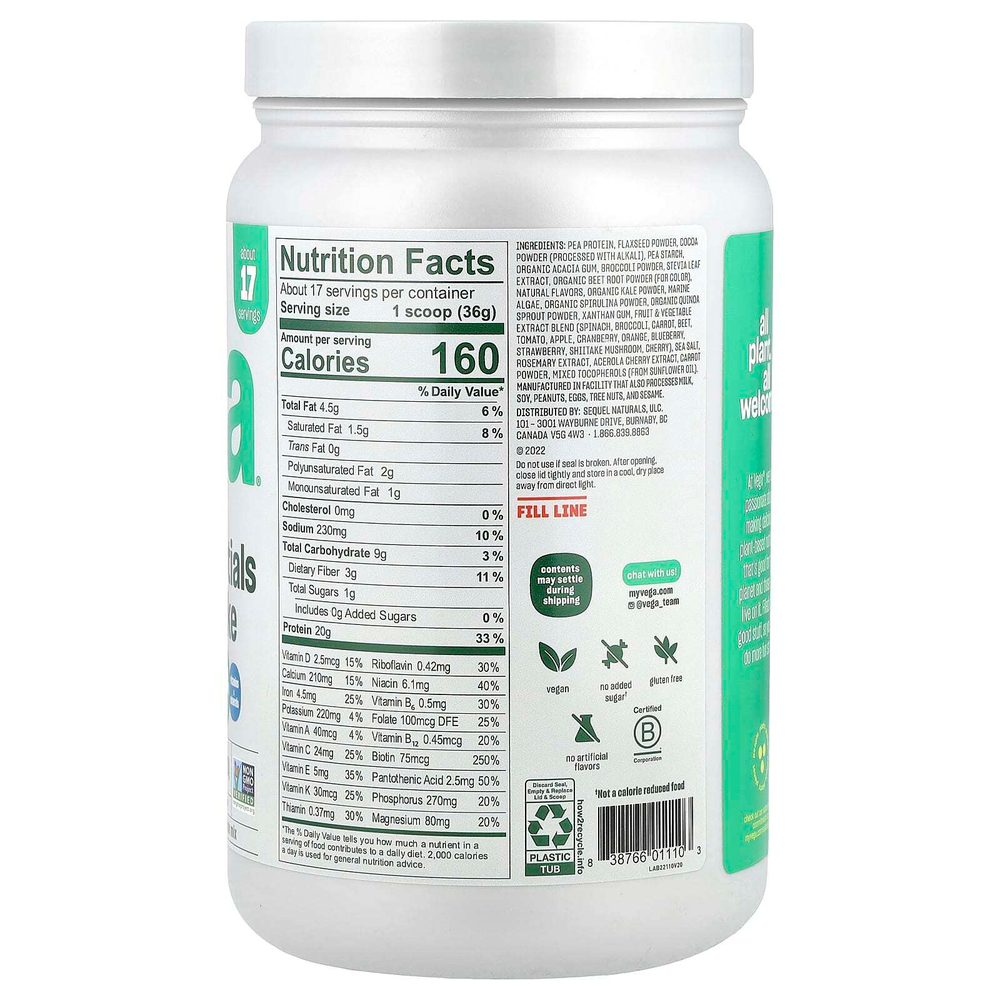 Vega, Растительный коктейль Essentials, шоколад, 613 г (1 фунт 5,6 унции)