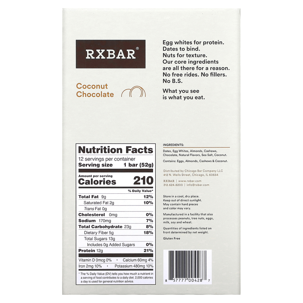 RXBAR, Протеиновый батончик, кокосовый шоколад, 12 батончиков, 52 г (1,83 унции)