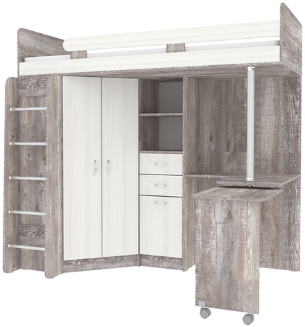 Кровать-чердак КарИВи Юниор 3 с металлической лестницей Бетон Белое Дерево