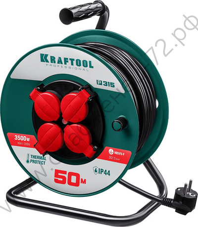 KRAFTOOL P-315, ПВС 3х1.5 50м, 3500Вт IP44, Силовой удлинитель на катушке (55084-50)
