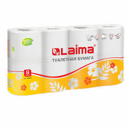 Бумага туалетная бытовая, спайка 8 шт., 2-х слойная, (8×19 м), LAIMA, белая, 2 упаковки.