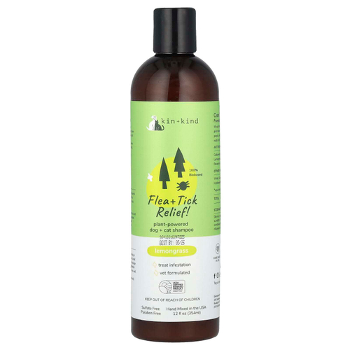 Kin+Kind, Средство от блох и клещей !, шампунь для собак и кошек на растительной основе, с лемонграссом, 354 мл (12 жидк. унц.)