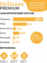 Cухой полнорационный корм для взрослых собак средних пород курица с овощами Delicana 15кг