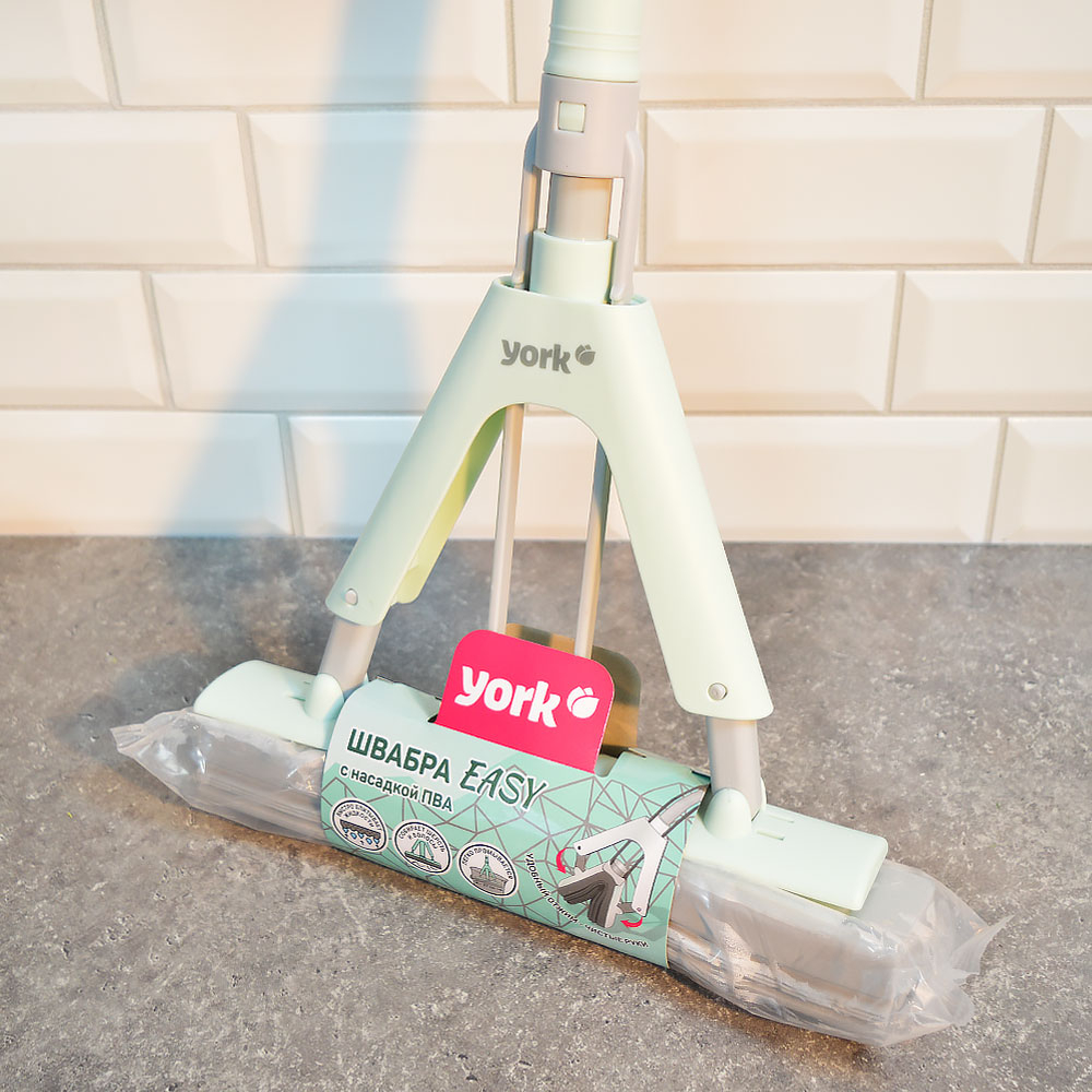 Швабра для пола с отжимом "Easy" с насадкой ПВА 27см и телескопическим черенком 94-132см, YORK