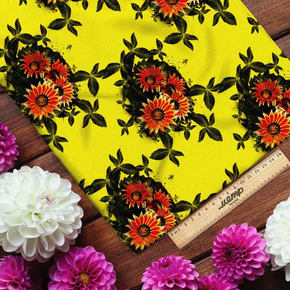 Ткань атлас цветы герберы