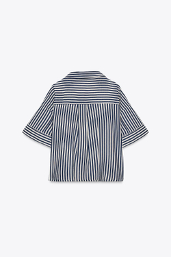 ZARA УКОРОЧЕННАЯ РУБАШКА ИЗ СМЕСОВОГО ЛЬНА, СИНИЙ/БЕЛЫЙ