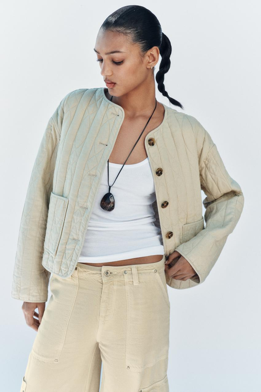 ZARA СТЁГАНАЯ КУРТКА ИЗ ЛЬНА, КАМЕННО-СЕРЫЙ