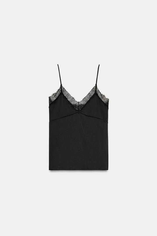 ZARA АТЛАСНЫЙ ТОП С КРУЖЕВОМ, ЧЕРНЫЙ