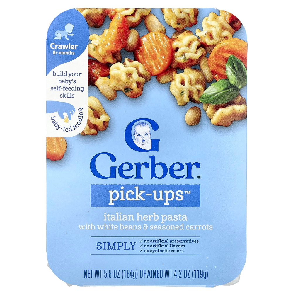 Gerber, Pick-Ups ™, итальянская паста с травами с белой фасолью и морковью, от 8 месяцев, 164 г (5,8 унции)