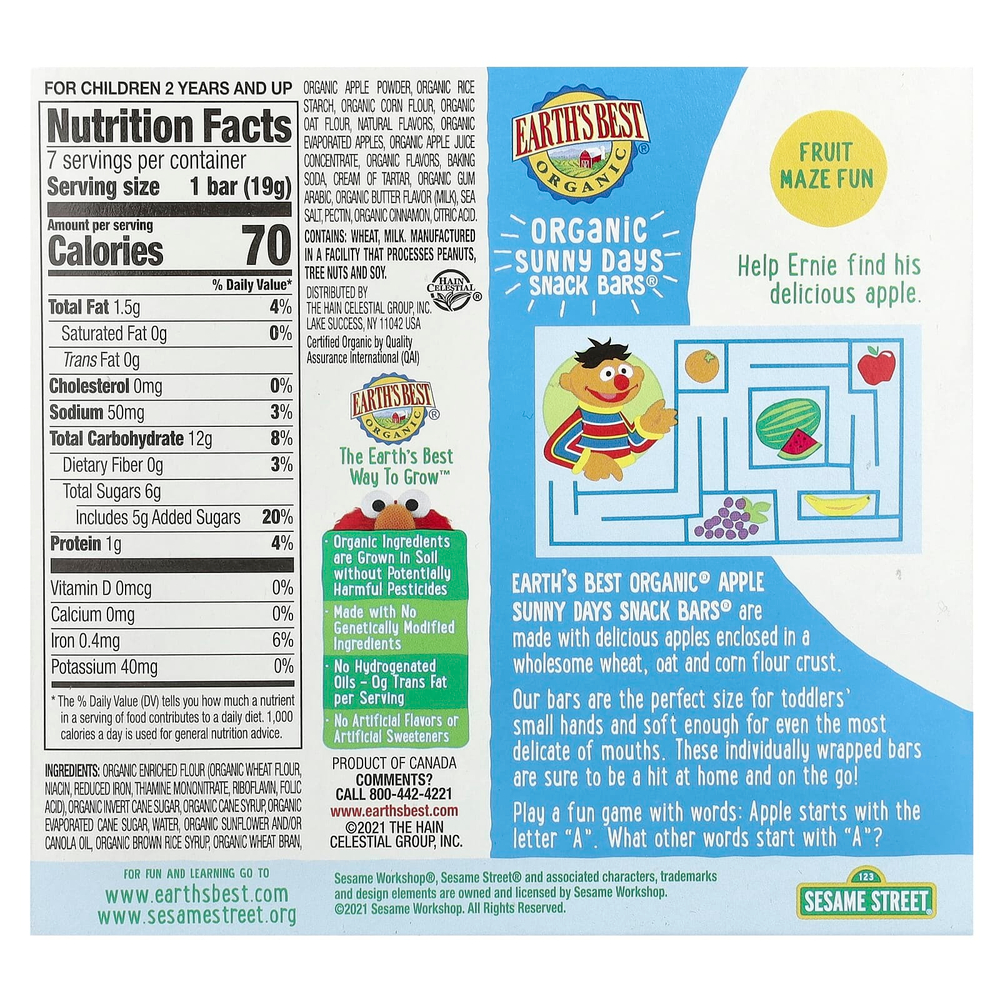 Earth's Best, Sunny Days Snack Bars, батончики для перекуса с яблоком, 7 батончиков по 19 г (0,67 унции)