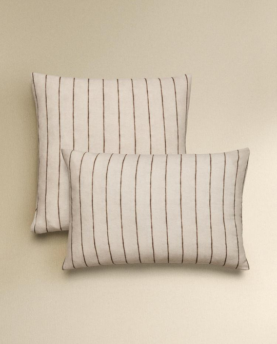 ZARA HOME НАВОЛОЧКА ИЗ ХЛОПКА И ЛЬНА В ПОЛОСКУ, СВЕТЛО-БЕЖЕВЫЙ
