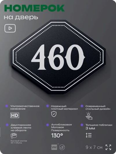 Номерок на дверь квартиры 460, для кабинета, офиса, шильдик 9 х 7 см, черный, Айдентика Технолоджи