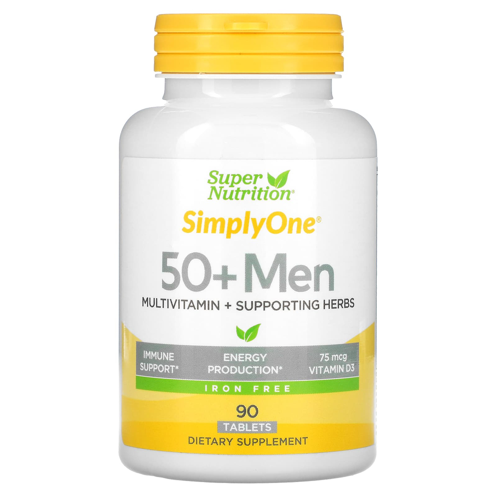 Super Nutrition, SimplyOne, мультивитамины и полезные травы для мужчин старше 50 лет, без железа, 90 таблеток