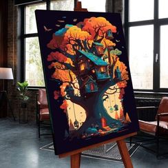 Картина по номерам 30х40  черный холст со светящейся краской
«Маленький домик на дереве» (22 цвета)