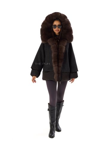 Комбинированный черный пуховик с мехом песца