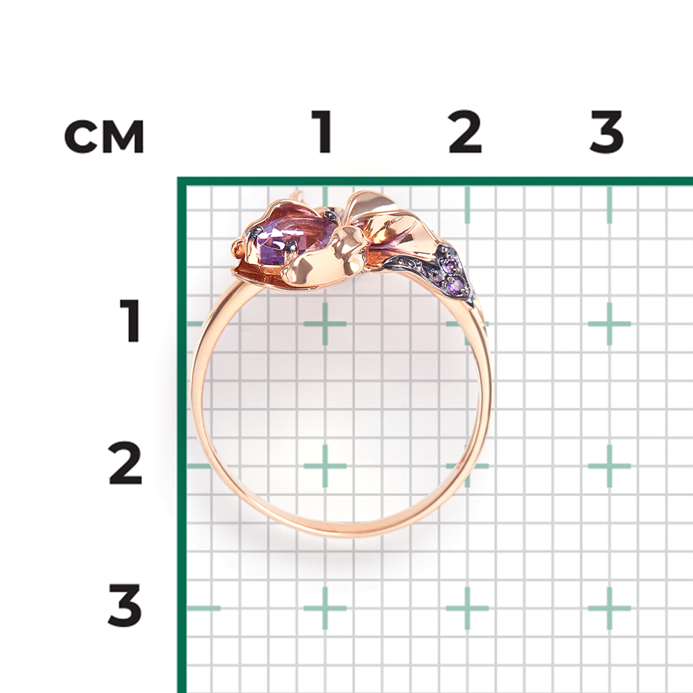 Кольцо «Ирис» из красного золота с аметистами, хромдиопсидами и эмалью