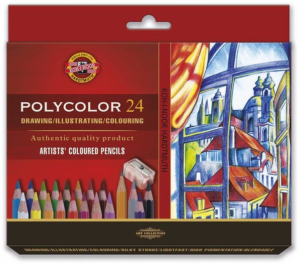 Набор художественных цветных карандашей POLYCOLOR 24 цвета, 2 штуки чернографитных карандаша 1500 и точилка в картонной коробке