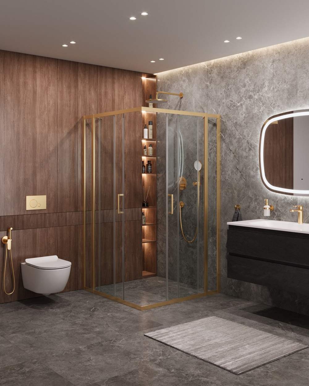 Душевой уголок Cezares MOLVENO-A-22-100+20-C-BORO-IV, 120х120х195, профиль брашированное золото, прозрачное стекло