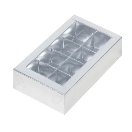 Коробка для 8 конфет с окном 19*11*3 см (серебро)