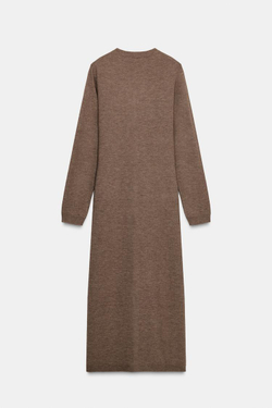 ZARA ТРИКОТАЖНОЕ ПЛАТЬЕ МИДИ С ПОЯСОМ, СЕРОВАТО-КОРИЧНЕВЫЙ
