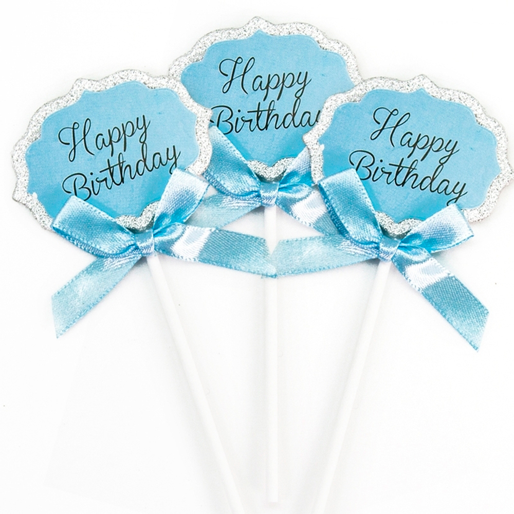 Топпер "Happy Birthday" серебро/голубой, 3шт