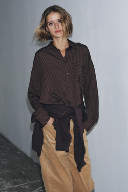 ZARA РУБАШКА ИЗ СТРУЯЩЕЙСЯ ТКАНИ В ПОЛОСКУ — ZW COLLECTION, КОРИЧНЕВЫЙ