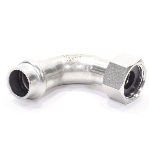 Отвод 90° 15-1/2", WAAG Heavy Inox, пресс-резьба, вн., сталь нержавеющая, с накид.гайкой