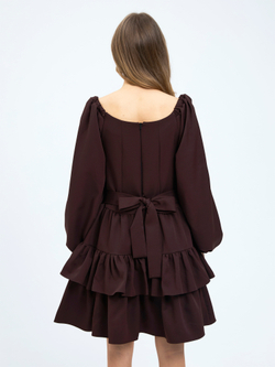 Платье праздничное ярусное с воланами для девочки коричневое