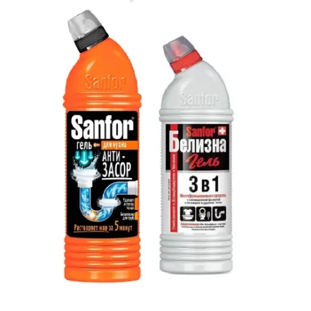 Sanfor набор: Средство д-очистки канал труб Sanfor для труб (Turbo), 750гр + Средство с комплексным действием Sanfor Белизна гель 500гр, блок 7шт., Санфор
