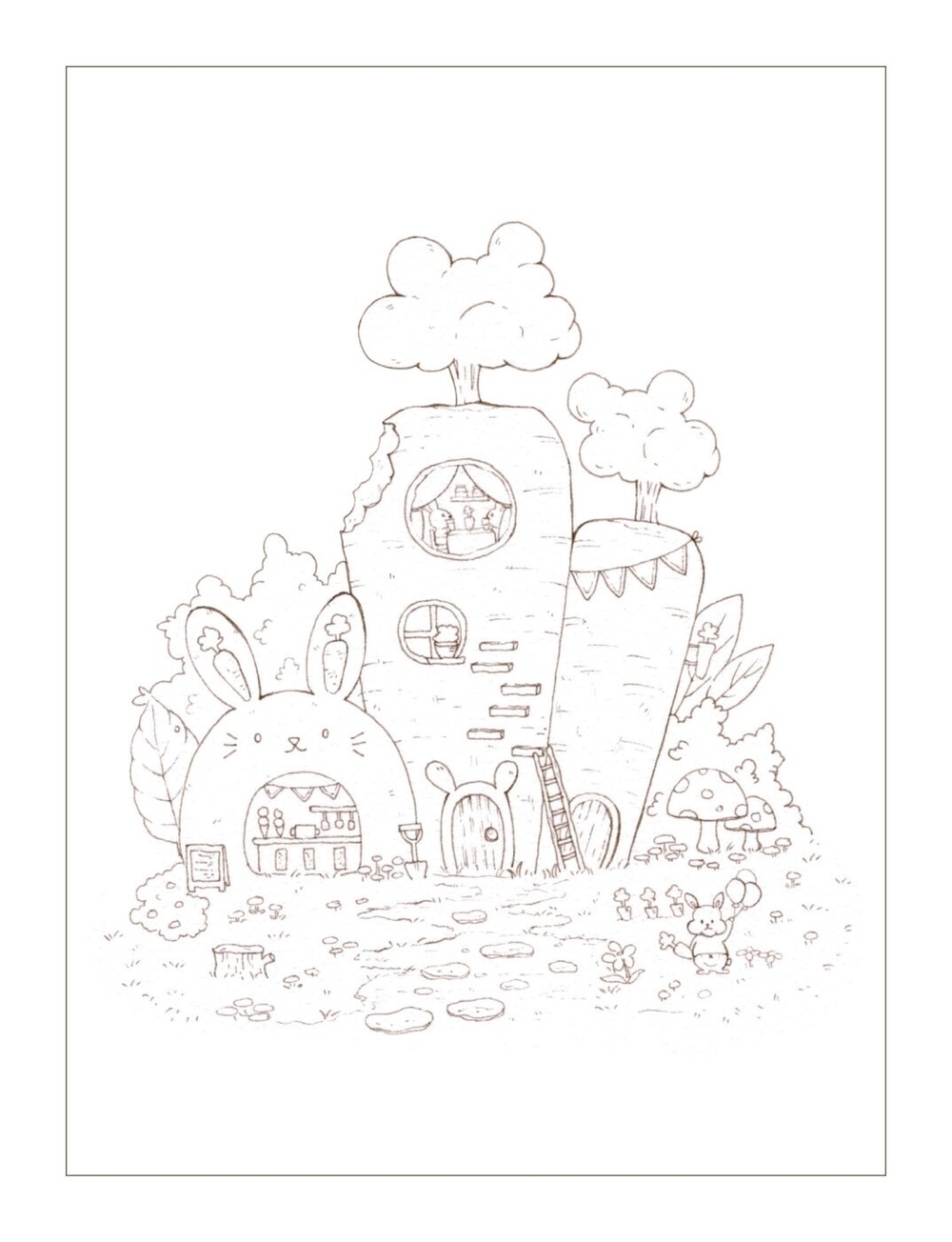 Fairytale Village Watercolor. Coloring Book