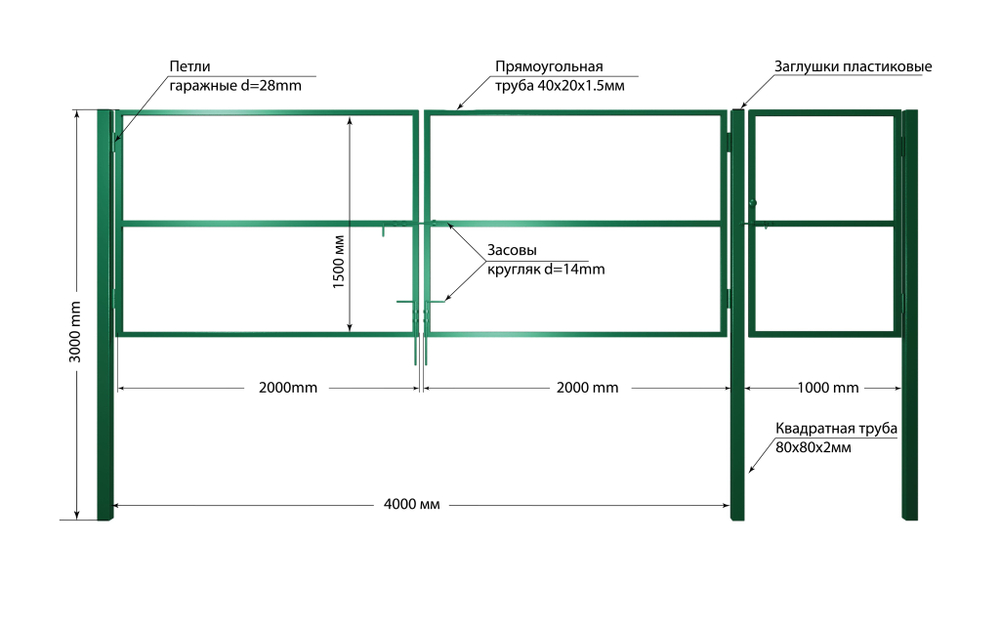 Входная группа (Ворота 4,0х1,5м распашные + калитка 1,0х1,5м), цвет черный (только каркас).