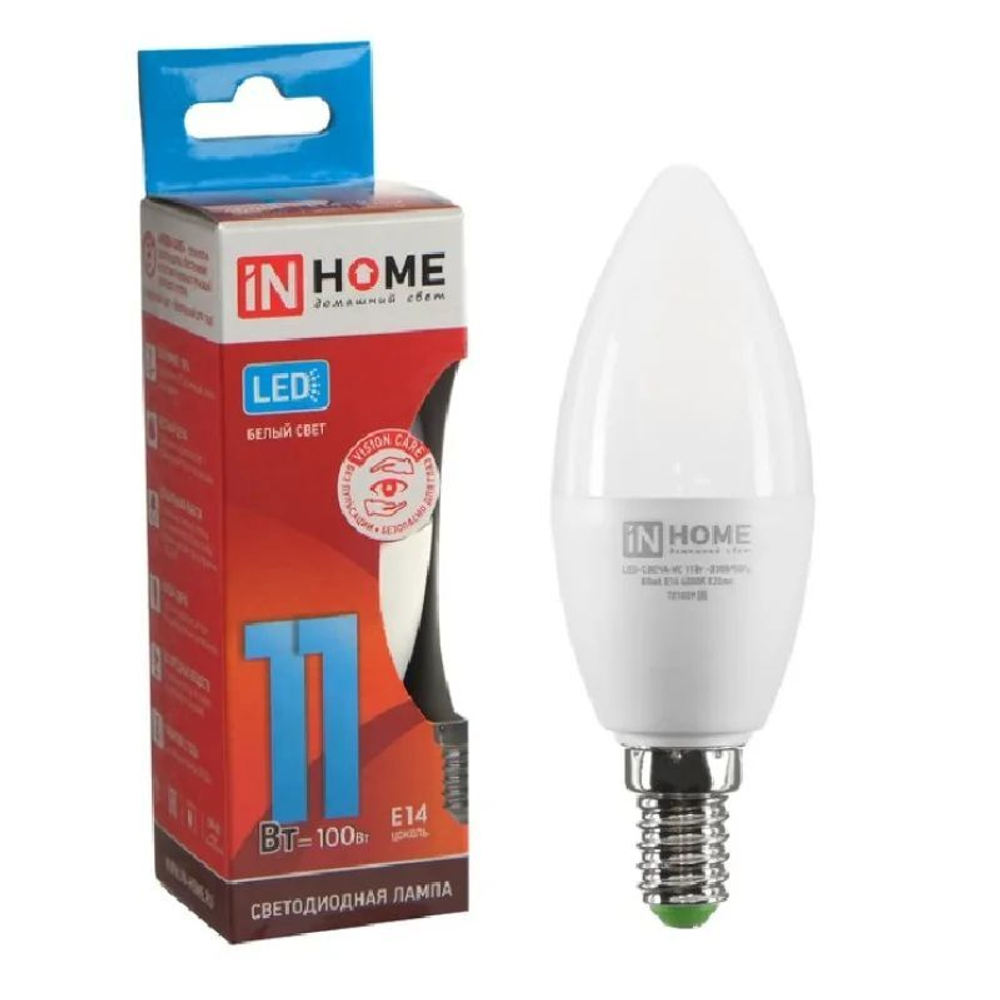 Лампа светодиодная 11Вт Е27 IN HOME свеча Холодный свет 3шт