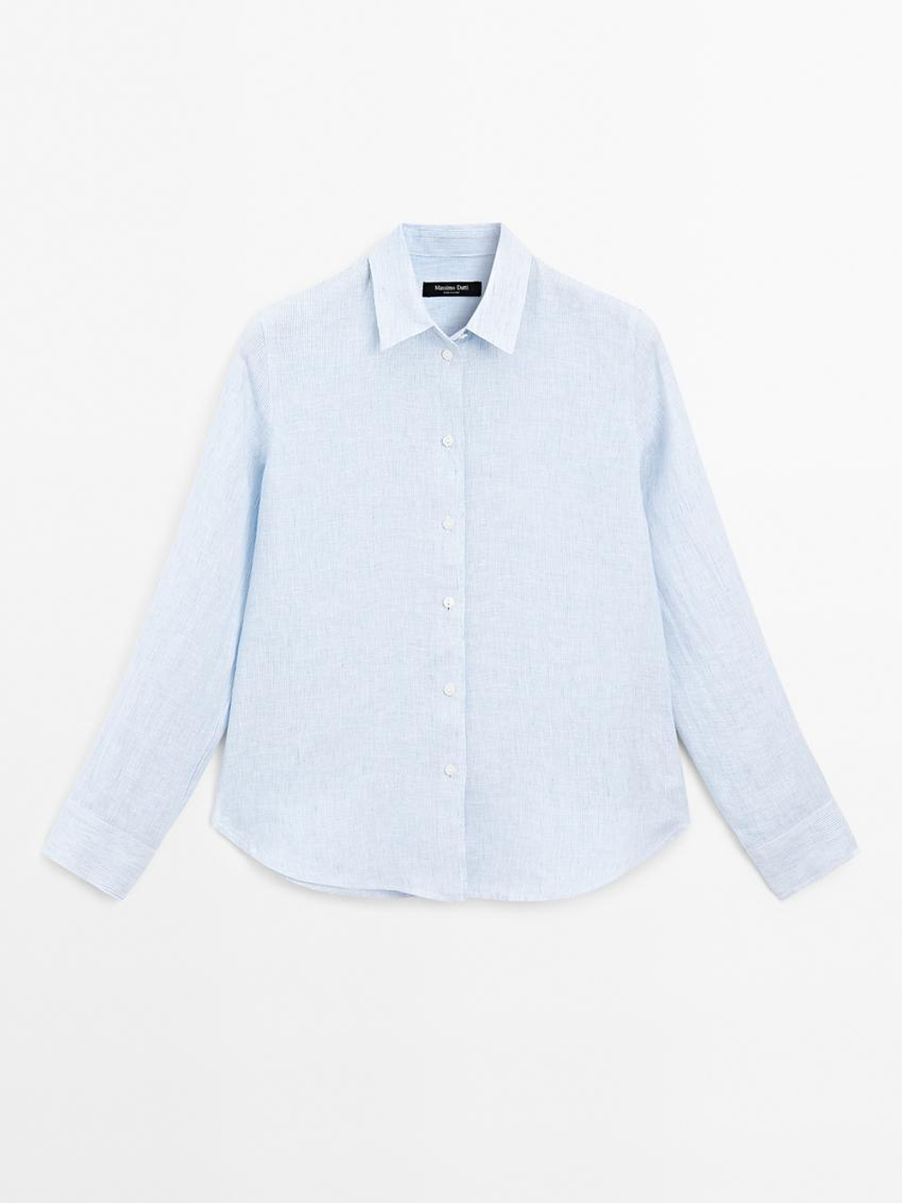 Massimo Dutti Рубашка из струящегося льна в тонкую полоску, синий