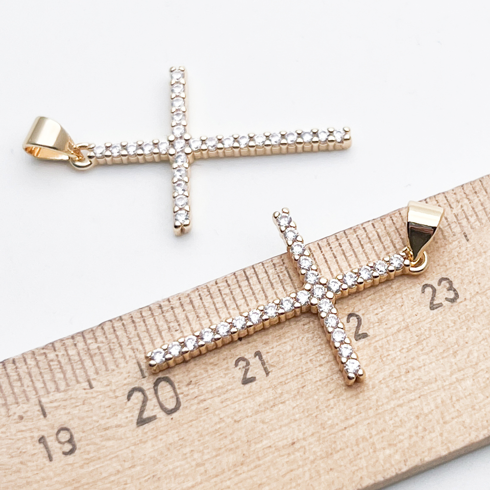 Подвеска Крест, цвет золото, фианиты, размер 30*19 мм + бейл, цена за 1 шт