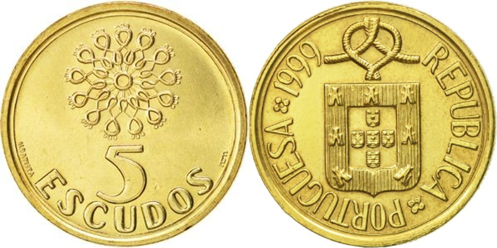 Португалия 5 эскудо, 1986-2001 Герб XF