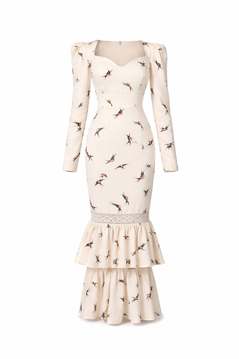 Шелковое платье макси с декольте и воланами птицы