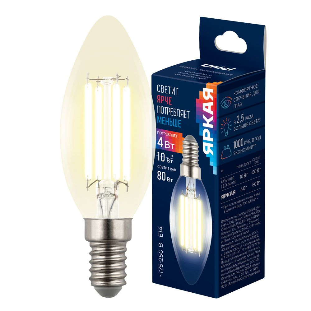 LED-C35-4W-3000K-E14-CL GLY01TR Лампа светодиодная. Форма свеча. прозрачная. Серия Яркая A++. Теплый белый свет 3000K. Картон. ТМ Uniel