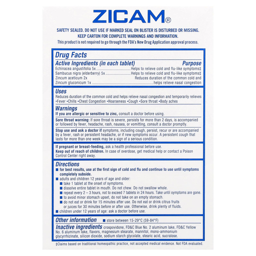 Zicam, Echinacea + Sambucus, охлаждающая перечная мята, 20 быстрорастворимых таблеток