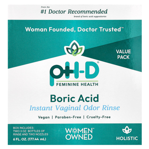 pH-D Feminine Health, борная кислота, мгновенное ополаскиватель для влагалища для устранения запаха, 2 флакона и 2 насадки, 177,44 мл (6 жидк. унций)